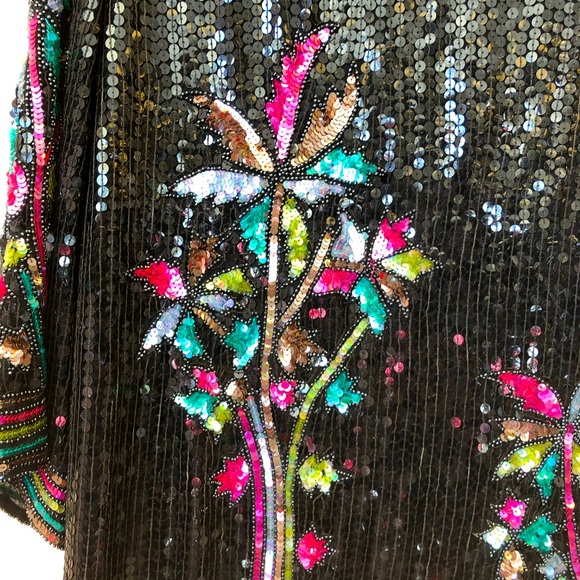 Vintage Creative Creations Black Sequined Silk Blouse with Palm Trees - Picture 3 of 6